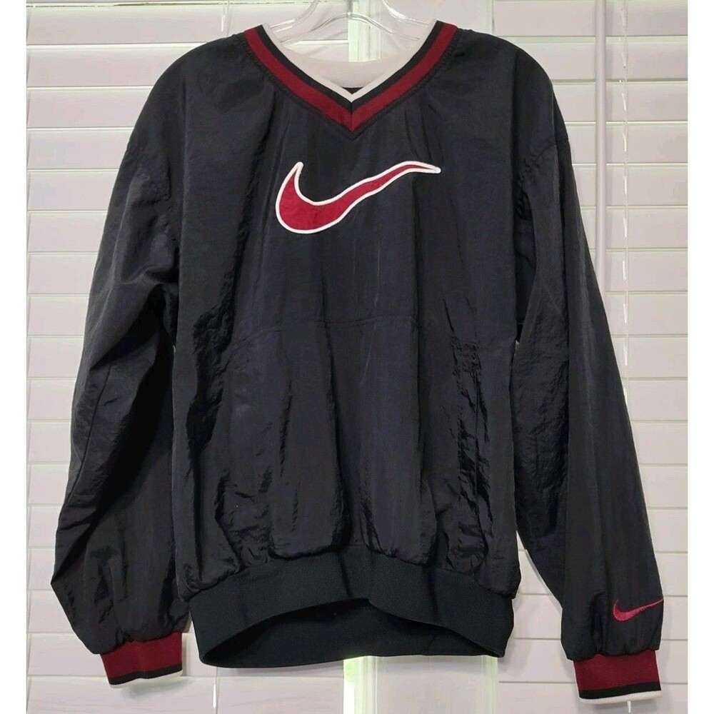 Vintage Nike Jacket Youth XL Black Windbreaker Maroon Swoosh 90s Pullover Pocket